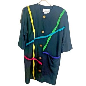 Steve Fabrikant Vtg Silk Multi‎ Gold Button Midi Dress Black 3/4 Dress Funky 8